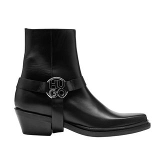 HUGO BOSS Schoenen, Dames, Zwart, 38 EU, Leer, Kody Enkellaarsjes met Gestapeld Logo
