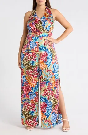 Sugarlips Floral Magic Moment Satin Halter Jumpsuit in Blue-Pink at Nordstrom, Size 1 X