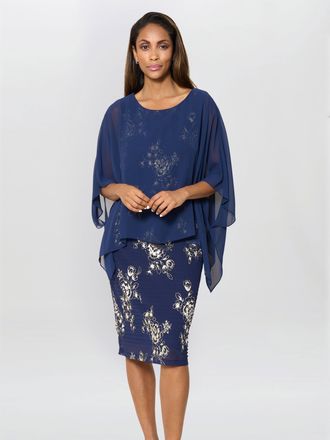 Gina Bacconi Womens Anne Foil Dress With Chiffon Cape - Navy - Size 18 UK