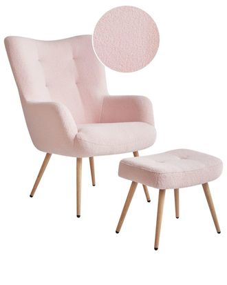 Beliani Sill&oacute;n orejero con reposapi&eacute;s Boucl&eacute; Rosa pastel
