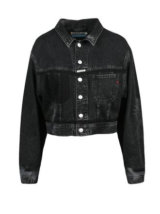 Replay Black Cotton Button Short Denim Jacket