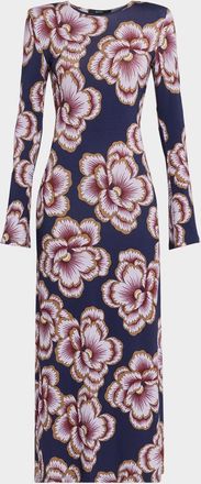 Smythe Floral Stretch Knit Crewneck Midi Dress