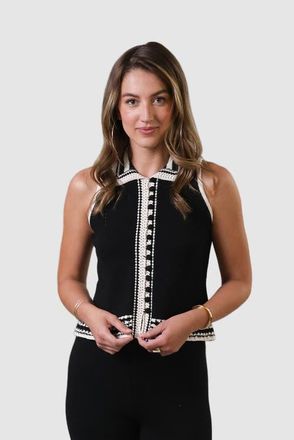 Central Park West Charli Crochet Edge Collared Top in Black at Nordstrom, Size Small