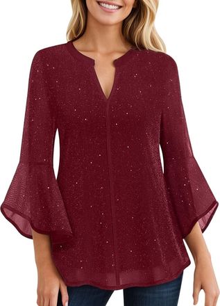 Generic Ladies Blouses Top 3/4 Bell Sleeve Sequin Tunic Tops Casual Dressy V Neck Black Red Pink Double Layered Party Holiday Beach Elegant Wear Orange Green 
