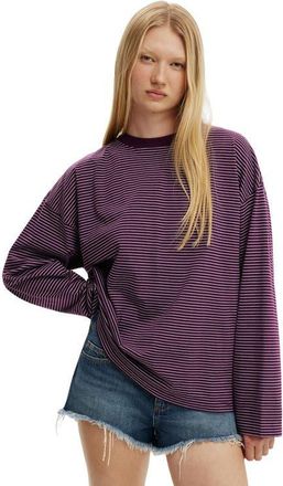 Cotton On Womens Boxy Long Sleeve Top in Lisa Stripe Iced Marine at Nordstrom, Size Medium
