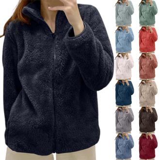 Generic Womens Teddy Fleece Coats Winter Warm Fleece Jackets Long Sleeve Stand Collar Tunic Coats Full Zip Soft Lightweight Jackets with Pocket Ladies Solid C