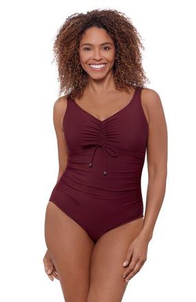 Aqua Green Cinched V-Neck Tummy Control Side Shirred One-Piece Swimsuit in Currant at Nordstrom, Size X-Large