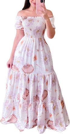 Generic Womens Shoulder Dresses,Elegant Tie Dye Print Smocked, Sexy Short Sleeve Long Dress, Plus Size Flowy Maxi Dress (White Flowers,M)