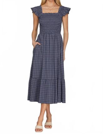 She + Sky Ruffle Strap Check Smocked Midi Dress In Navy