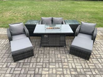Fimous Patio Outdoor Rattan Garden Furniture Set Propane Gas Fire Pit Table Burner with Love seat Sofa 2 Big Footstool in Dark Grey