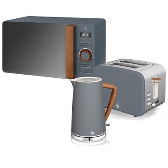 SWAN Strp1060gryneu Nordic Set Desayuno, Hervidor Agua 1,7l, Tostadora 2 Rebanadas, Microondas 20l Digital, Dise&ntilde;o Gris
