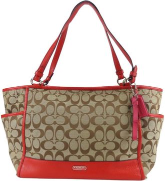Coach Beige Red Color Canvas Leather Tote Bag (Pre-Owned)