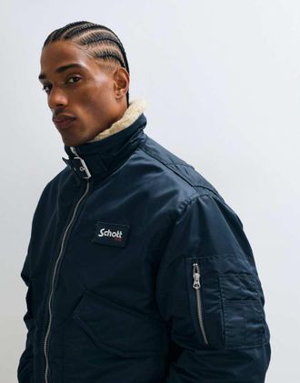 Schott NYC giacca bomber imbottita con toppa logo e dettaglio al colletto con fibbia blu navy