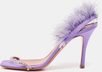 Amina Muaddi Purple Satin Crystal Embellished And Feather Adwoa Slingback Sandals