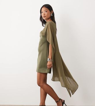 Asos Petite ASOS DESIGN Petite - Vestito corto in tessuto scuba kaki con spalle a mantella trasparente-Rosa