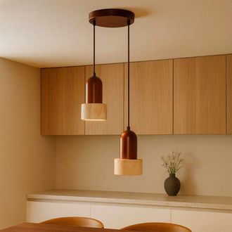 Concept Usine L&aacute;mpara colgante de 2 focos en efecto travertino y madera de nogal