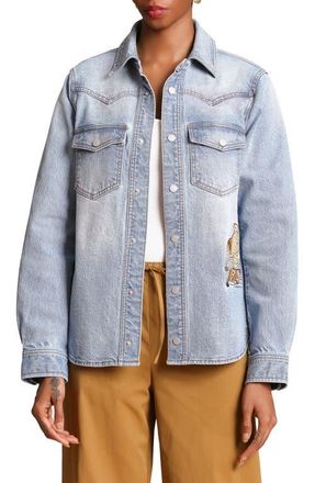 Avec Les Filles Cheetah Embroidered Stretch Denim Shirt Jacket in Light Blue Wash at Nordstrom, Size X-Large