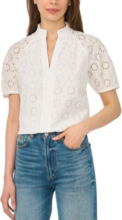 CeCe by Cynthia Steffe Broderie Anglaise Ruffle Spilt Neck Top in Ultra White at Nordstrom, Size Xx-Large