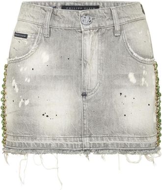 Philipp Plein Denim Mini Rok Rib Strass - Dames - Spijkerrokken - Grijs - XS - Denim - Rokken