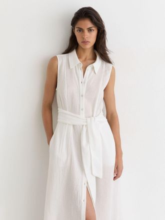 Reiss Womens Cotton Cheesecloth Belted Shirt Dress, 14