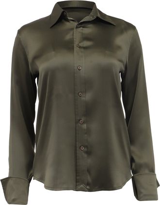 Ralph Lauren Long Sleeve Button Up Blouse in Olive Green Silk
