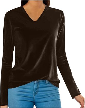 Generic Velvet Tops for Women Elegant Cowl Neck Pleated Blouse Dressy Casual Going Out Puff Long Sleeve Tops Autumn Clothes (Z01-Coffee, L)