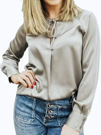 Velvet Heart Satin Tie Neck Long Sleeve Blouse In Silver