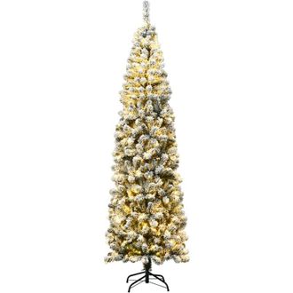 Costway Albero di Natale Slim 135/180/225 cm, Albero di Natale Innevato con 150/250/350 Luci led, 242/500/641 Rami e Base di Metallo, Decorazione Natalizia
