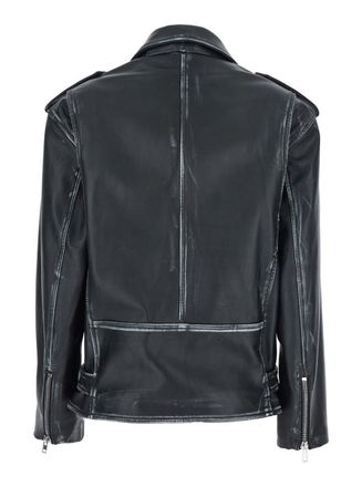 Plaîn Black Jacket With Notched Revers And Zipped Pockets In Leather Woman