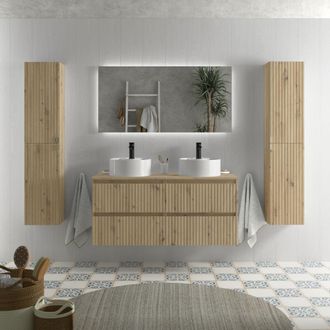 Cygnus Bath Mueble De Ba&ntilde;o Kira 120cm Roble 4 Cajones Lavabo Sobre Encimera 2 Pozas Porcelana