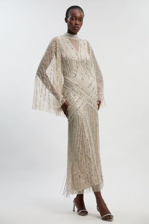 Karen Millen Womens Embellished Woven Maxi Dress With Cape Sleeve - Silver - Size 10 UK
