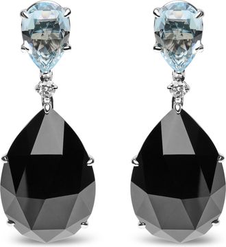 House of Brilliance 18K White Gold 1/5 Cttw Diamond with Pear Cut Sky Blue Topaz and Pear-Cut Black Onyx Gemstone Dangle Earring