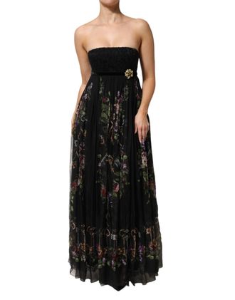 Dolce & Gabbana Black Floral Key Print Crystal Strapless Womens Dress