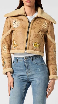 Philipp Plein Giacca cropped in shearling con stampa Butterfly e collo in pelliccia