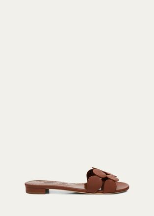 Manolo Blahnik Circle-Cut Leather Slide Sandals