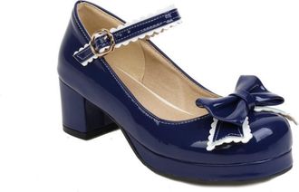 Generic Womens Sweet Mary Jane Pumps Platform Chunky Heel Lolita Shoes with Bow-Knot,Blue,6.5 UK