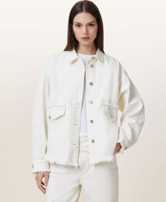 AllSaints Womens Cotton Hettie Frayed Oversized Cotton Shacket, Size: XS