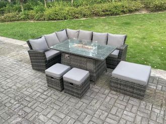 Fimous 9 Seater High Back Rattan Gas Fire Pit Corner Sofa Set Garden Furniture Heater Dining Table Set Left Hand in Dark Grey