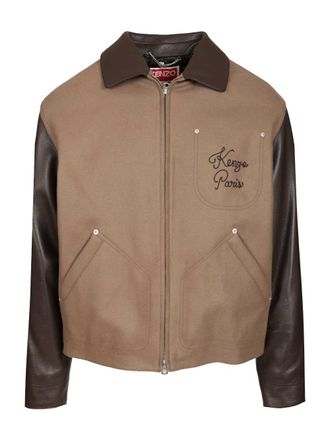 Kenzo Leather-Sleeved Embroidered Jacket Coats Beige-Uomo
