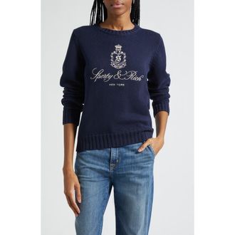 Sporty & Rich Vendome Embroidered Crop Cotton Sweater in Dark Navy at Nordstrom, Size X-Small