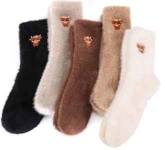 Generic Highland Cow Gifts For Women, 5 Pairs Fluffy Socks Womens, Bed Socks, Winter Soft Fuzzy Thermal Socks For Women, For Christmas, Mothers Day Gifts For 