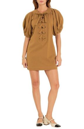 English Factory Lace-Up Front Puff Sleeve Minidress in Olive at Nordstrom, Size X-Small
