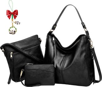 Generic Luxury Leather 3-Piece Hobo Bag Set, Soft Anti-Theft Crossbody Purse and Wallet Set, Shoulder Handbag for Women (Black)