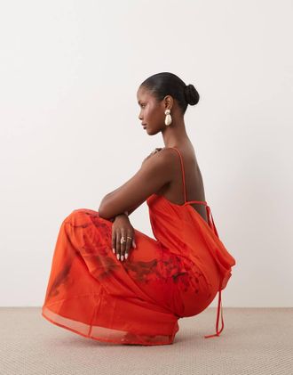 Asos Vestito midi a colonna con scollo ad anello sul retro, taglio sbieco e stampa arancione con profili a contrasto