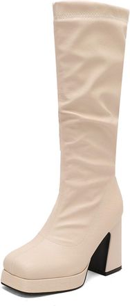 Generic Womens Slouchy Knee-High Boots Round Toe Chunky Block Heels Platform Sole Comfortable Non-Slip Wear-Resistant for Date Nightclub Casual Gathering,Beig