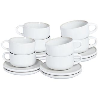 Beliani Beliani - Conjunto De 8 Tazas Con Platillos Para T&eacute; Caf&eacute; De Gres Caol&iacute;n Artesanal Acabado Esmalte Reactivo Blanco Crema Sesame
