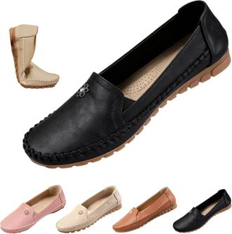 Generic Orthopedic Leather Shoes, Lightweight, Anti-Slip, Breathable for Women Fashion Slip On Stitched Flat-Soled Casual Soft Leather Loafers with Flower (Bl