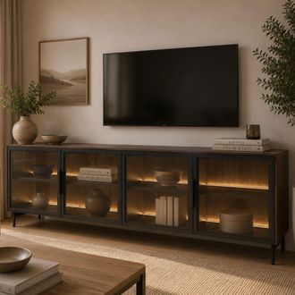 Dmora Mueble Para Tv Kalerora, 3 Estantes, 4 Puertas, Con Luces Led, 181x39x62h Cm, Marr&oacute;n Nogal