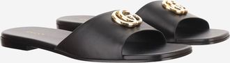 Gucci Womens Slider Sandals With Logo Black Leather Lambskin