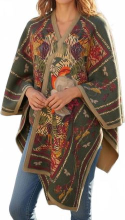 Franco Ferrari Printed Wool Poncho Cape In Green